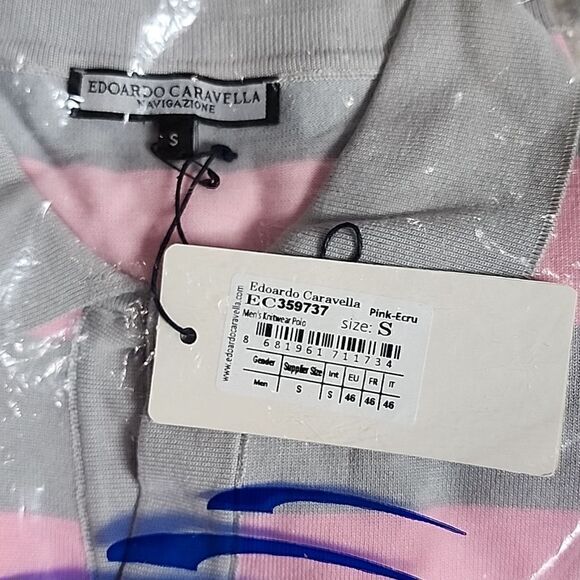 1729 NWT EDOARDO CARAVELLAV-NECK SHORT SLEEVE POLO SHIRT // STRIPED PINK + GRAY - Picture 4 of 6